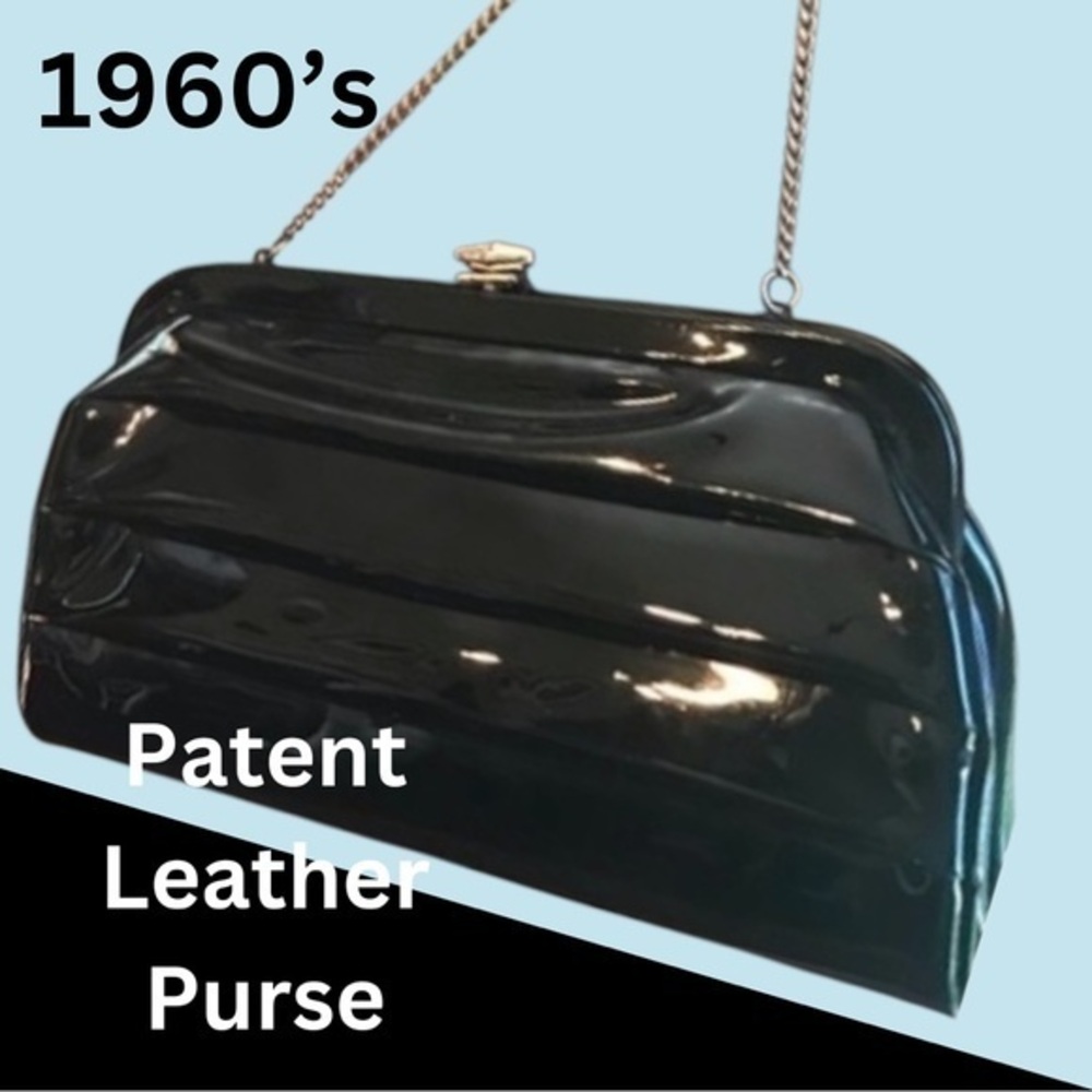 1960’s Vintage Black Patent Kiss Snap Closure Purse - Picture 2 of 6